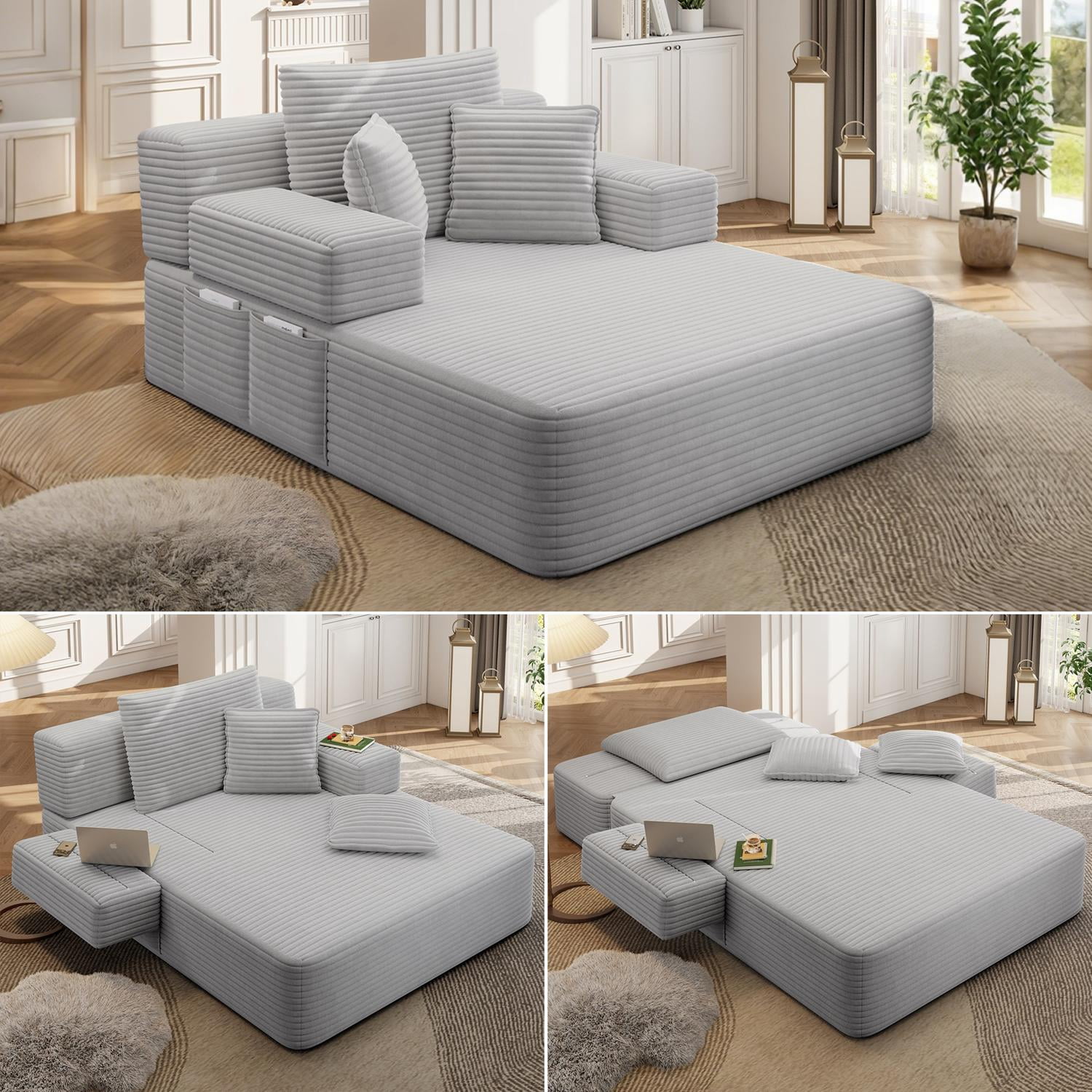 Plush Corduroy Chaise Lounge with 3 Pillows, Convertible Sofa Bed with Storage Pocket, Frameless Compression Foam Design for Small Spaces, Apartment, Living Room, Light Grey