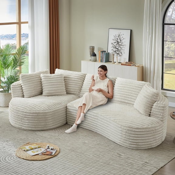Plush Corduroy Cloud Sectional Sofa with Curved Chaise, Oversized 2 Pieces Modular Lounge Sofa with Deep Seat, Upholstered Sponge Compressed Couches for Living Room Bedroom,No Assembly Required