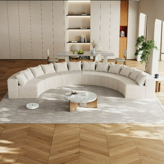 Plush Corduroy Curved Sectional Sofa with 12 Pillows | Modular Design | No Assembly Required