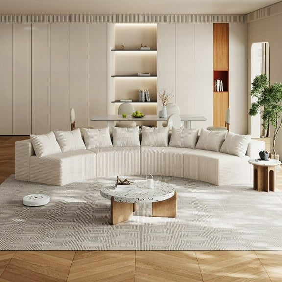 Plush Corduroy Curved Sectional Sofa with 8 Pillows | Modular Design for Various Spaces