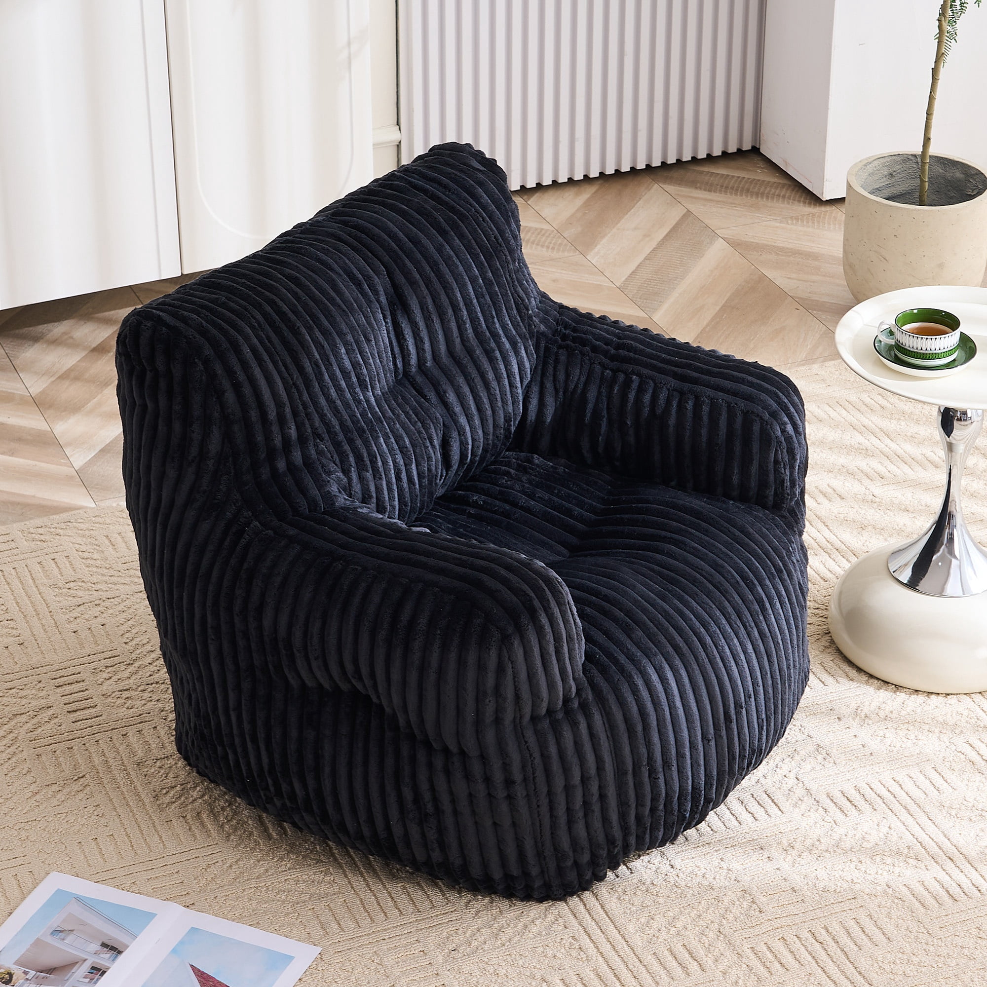 Plush Corduroy Fabric Bean Bag Chair Filled with Memory Sponge, Ergonomic Backrest for Living Room and Bedroom, Black