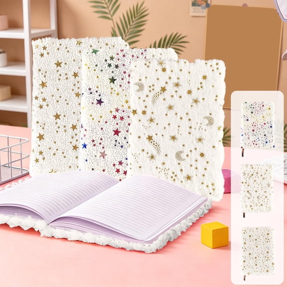 Plush Cover Notebook Fabric Journal Diary • Soft Furry Texture • Gradient Design With Shiny Stars • Lined Pages For Writing Notes, Journaling, Office Use