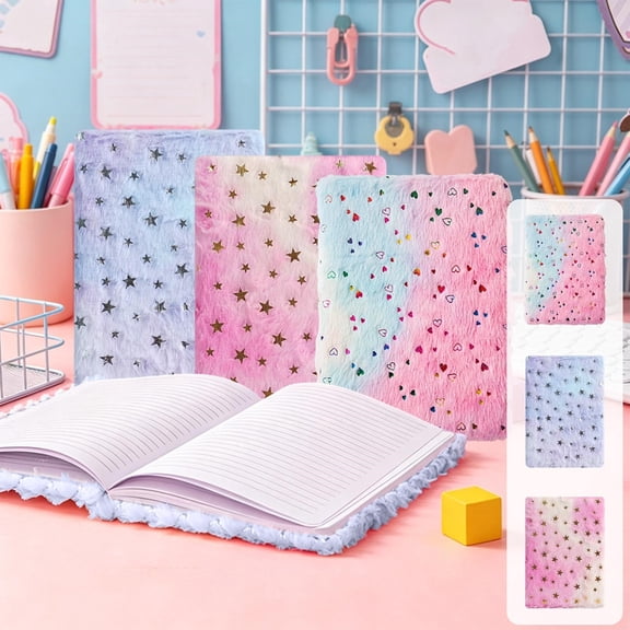 Plush Cover Notebook Fuzzy Fabric Journal Cute Furry Cover Lined Pages Pastel Gradient Stars Aesthetic Writing Diary Gift Multicolor Stationery