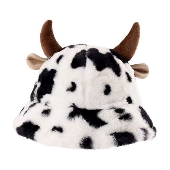Plush Cow Print Bucket Hat with Horns, Women's Fuzzy Winter Fisherman Hat, Cute Animal Style Cold Weather Headwear