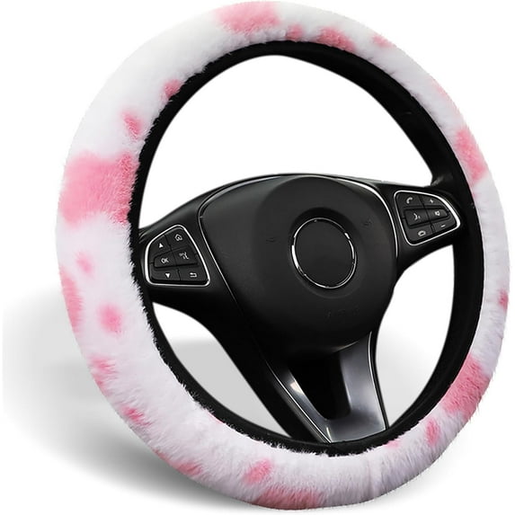 Plush Cow Print Steering Wheel Cover Fluffy Winter Warm Universal 15 Inch for Women