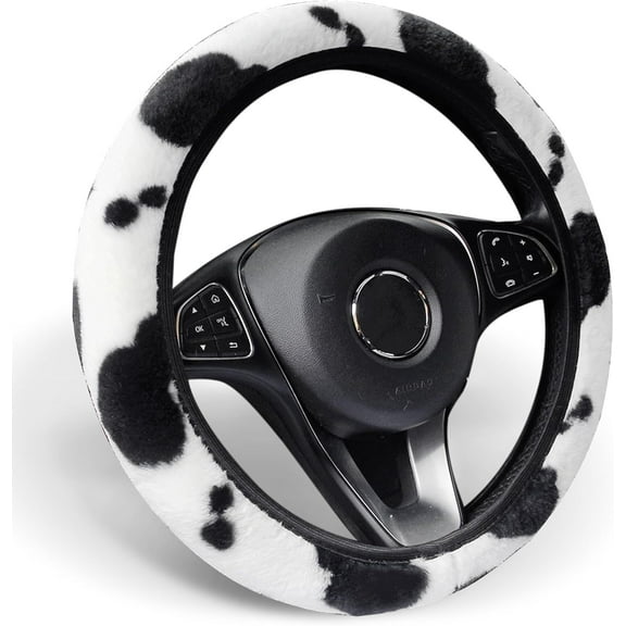 Plush Cow Print Steering Wheel Cover Fluffy Winter Warm Universal 15 Inch for Women