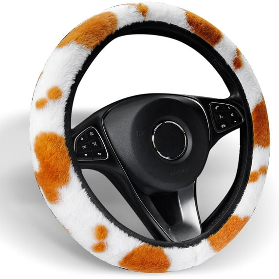 Plush Cow Print Steering Wheel Cover Fluffy Winter Warm Universal 15 Inch for Women