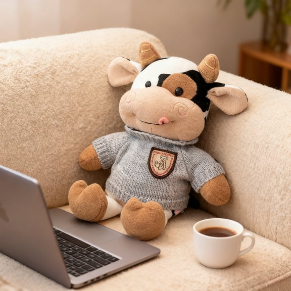 Plush Cow Stuffed Animal,12 Inch Cute Dairy Cow in Gray Knit Sweater with Heart Loves Patch Valentine’s Day Birthday Present Home Office Decor