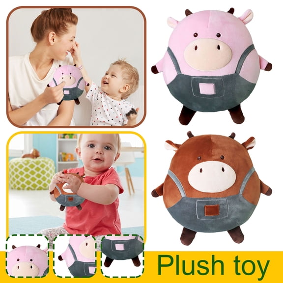 Plush Cow Toy in Denim Overalls Soothing Sleeping Doll for Stress Relief and Home Decoration Valentine's Day Birthday Gift in Brown