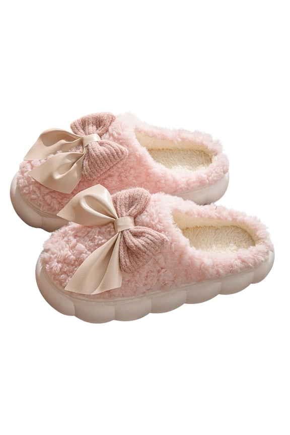 Plush Cute Bow Slippers for Women – Furry Comfy Indoor Outdoor Non-Slip House Slippers