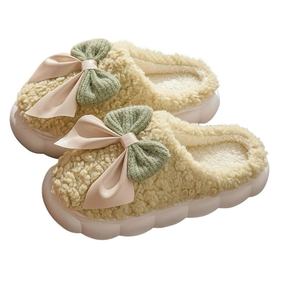 Plush Cute Bow Slippers for Women – Furry Comfy Indoor Outdoor Non-Slip House Slippers