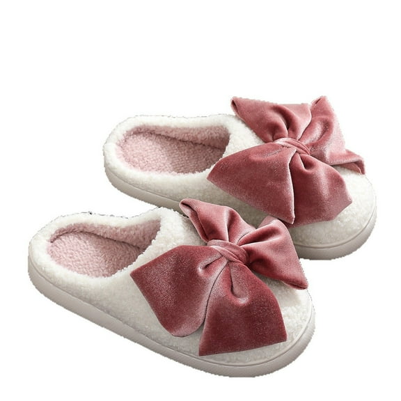 Plush Cute Bow Slippers for Women Men Comfy Furry Non Slip House Shoes Indoor Outdoor Winter Fuzzy Slides