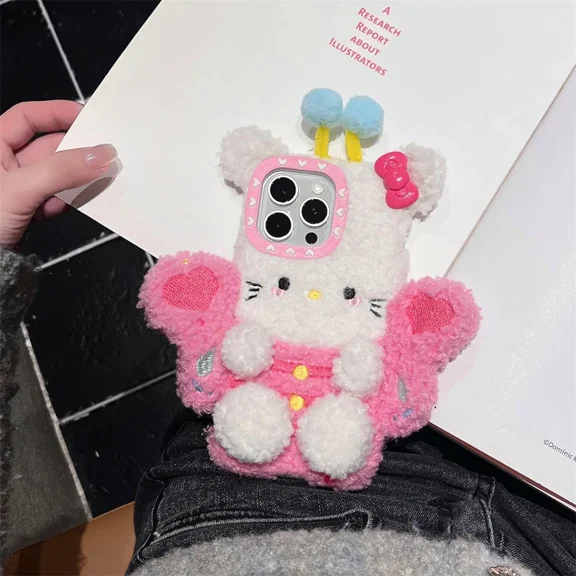 Plush Cute Hello Kitty Bee Phone Case for IPhone16 15 14 13 Pro Max Soft Shockproof Cover Fur Cases Anti-drop Protective Cover