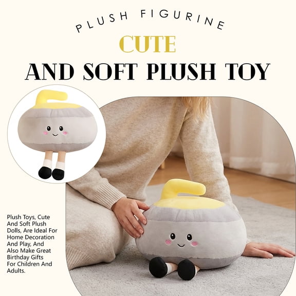 Plush, Cute Plush, Curling Stone Shape, 16X12 In, Plush Pillow, Stuffed Animal Pillow, Cute Home Decor, Decor Pillow, Birthday Gift, Home Decorations, 1 Pc, Gray Yellow