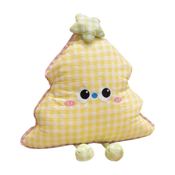 Plush Decorative Pillow Tree Shaped Soft Stuffed Cushion with Checkered Pattern Cartoon Face and Star Top for Home Sofa Bed