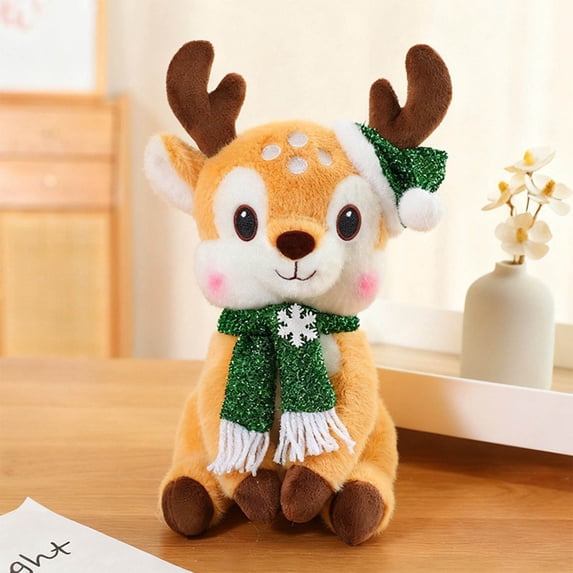 Plush Deer Doll with Scarf — Adorable Fawn Stuffed Animal, Soft & Huggable Toy Gift for Festive Decor(B)