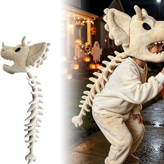 Plush Dinosaur Skeleton Head Halloween Party Prop Decoration for Adults Dinosaur Themed Headpiece(White-80cm)