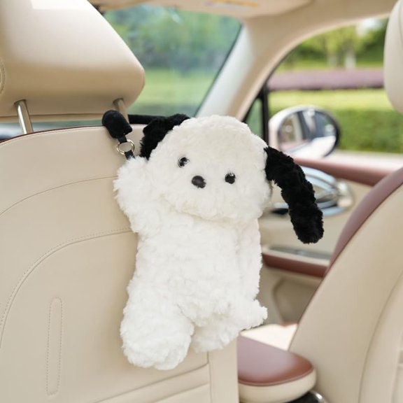 Plush Dog Tissue Box Holder - Cute Puppy Car Dashboard or Wall Hanging Organizer for Vehicle, Home, Office(1pc-White)