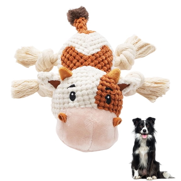Plush Dog Toy  Safe Natural Cotton, Squeaky Interactive Chew Toy for IQ Training, Teeth Cleaning, Anxiety Relief, Lightweight Cow Design for All Dog Sizes