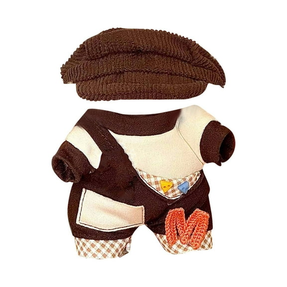 Plush Doll Clothes Set, Brown Chocolate Style (Duckbill Cap + T-Shirt + Overalls) - For 10-12 Inch Plush Dolls, , Daily Dress-Up, Collectible Display
