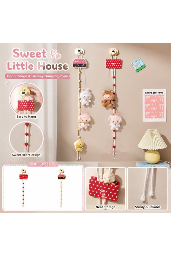 Plush Doll Hanging Storage Rope, Multi-Tier Heart Design Toy Display Hanger, Cute Wall Decor Organizer for Stuffed Animals, Bedroom Wall Mount Plush Holder with Hook Pocket(Yellow)