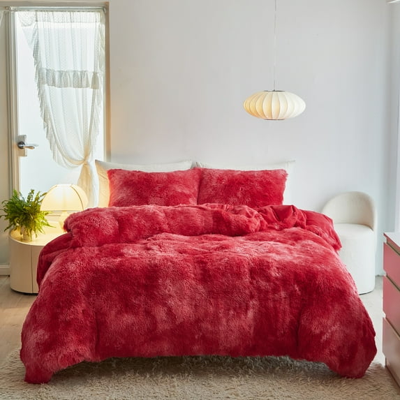 Plush Duvet Cover Set Fluffy Fuzzy Comforter Cover Set (1 Duvet Cover + 2 Pillow Shams) ( Size,Red Ombre)