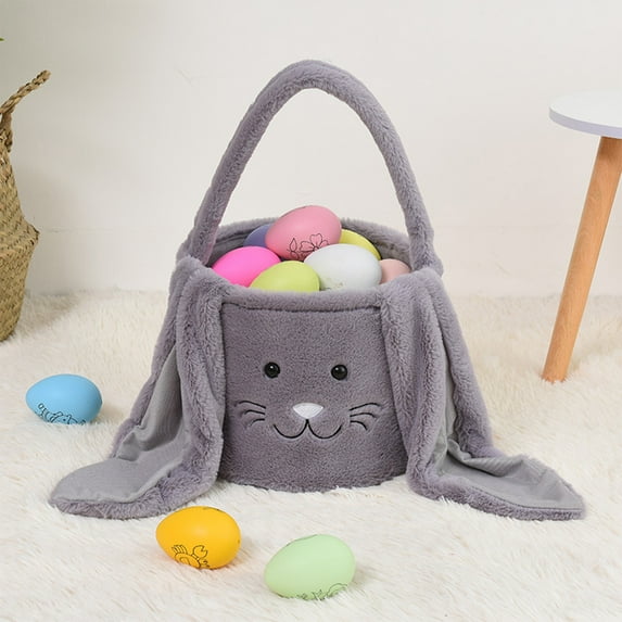 Plush Easter Bunny Basket Easter Basket for Kids Easter Egg Hunt Basket with Plush Ears Bunny Bucket Tote for Easter Eggs Candy