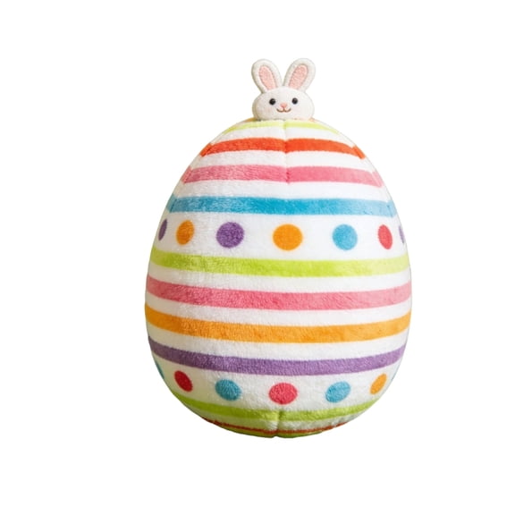 Plush Egg Shaped Stuffed Toy with Bunny Head Soft Striped and Dotted Pattern Cuddly Pillow for Home Decor and Gifting