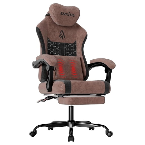 Plush Fabric Gaming Executive Office Chair, Ergonomic High-Back Computer Desk Chair with Large Adjustable Lumbar Support, Headrest and Linked Armrests for Long Hours Sitting Task Chair, Brown