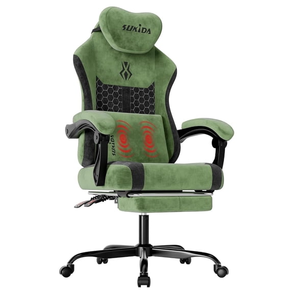 Plush Fabric Gaming Executive Office Chair, Ergonomic High-Back Computer Desk Chair with Large Adjustable Lumbar Support, Headrest and Linked Armrests for Long Hours Sitting Task Chair, Green