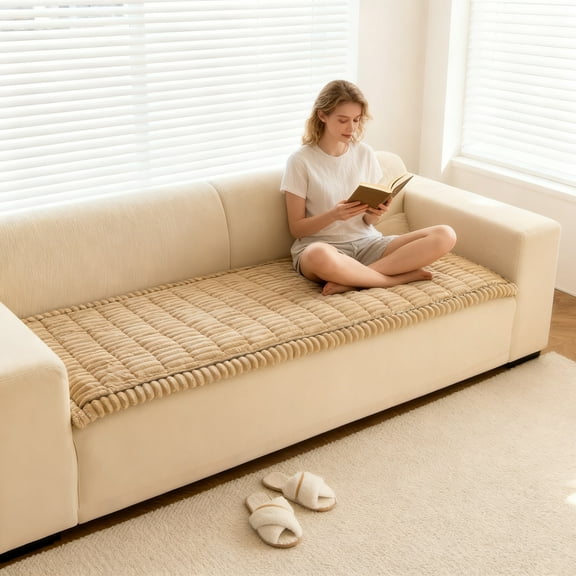 Plush Fabric Sofa Seat Cushioned Mat For Autumn & Winter Home Use - Minimalist Light Camel Brown Decorative Seat Pad For Living Room Sitting Comfort - Soft Plush Cushioned Mat For