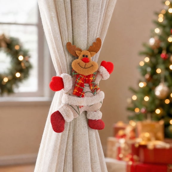 Plush Fabric Stuffed Accent Curtain Tiebacks Reindeer Figure Festive Christmas 7 x 5 Inch