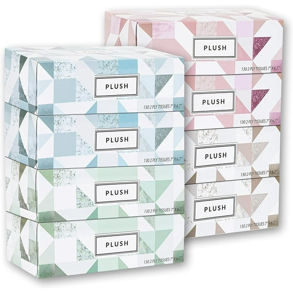 Plush Facial Tissues 130 Per Box Size 7" X 6.9" 2 Ply,Soft, Smooth, Great for Bathroom, Office, Store, School,Home, Kitchen, Or in Your Car & in Every Room (Family pack Pack of 8, 1040 Tissues total)