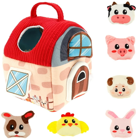 Plush Farm Animal Playset for 0-12 Months Soft Barn with Stuffed Farm Animal Portable Soft Barn Toy with Built in Mirror for Toddlers