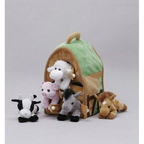 Plush Farm House with Animals- Five (5) Stuffed Farm Animals (Horse, Lamb, Cow, Pig, Grey Horse) in Play Farm House