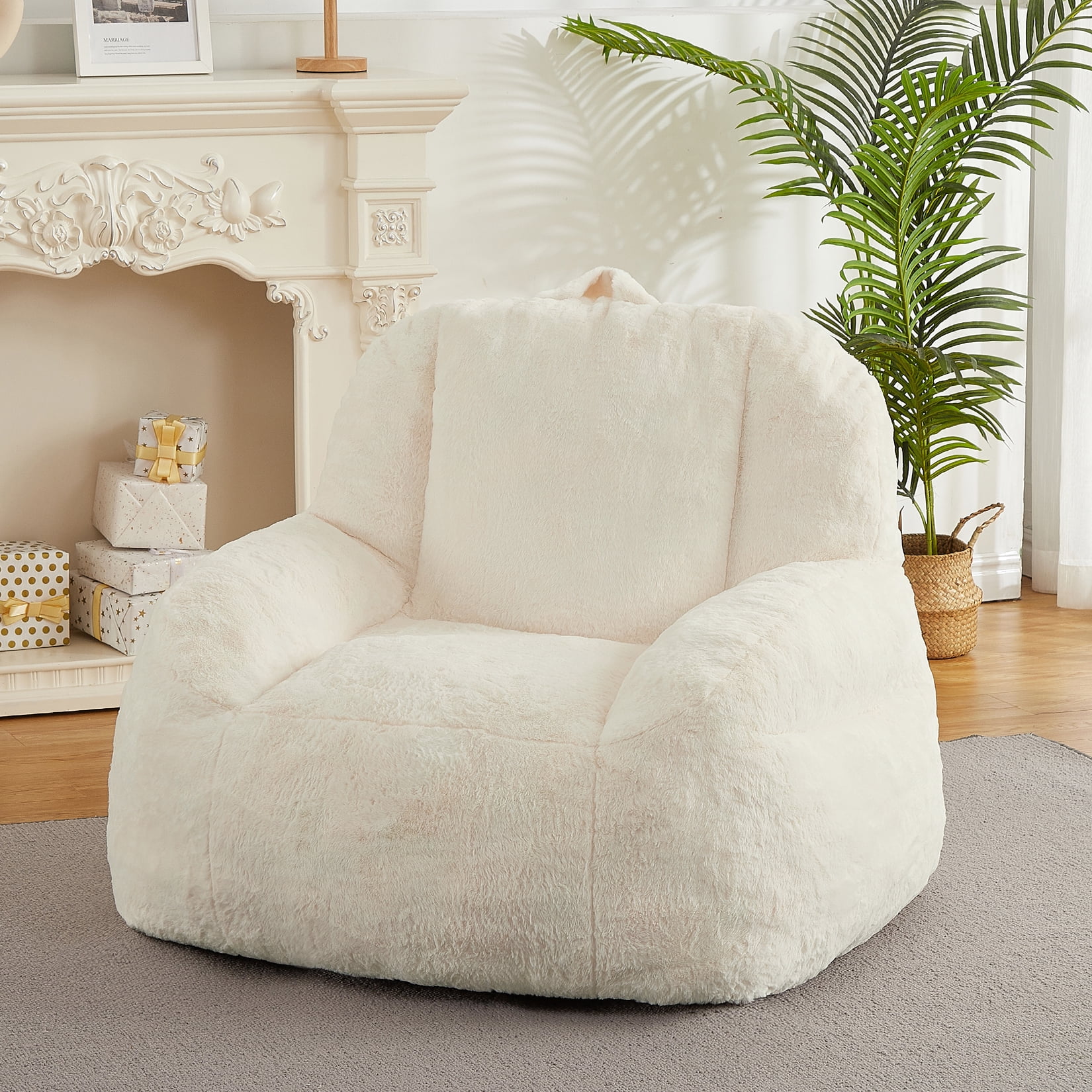 Plush Faux Fur Bean Bag Chair for Adults, Extra Large Filled Floor Sofa with Handle, Cozy Lounge Seat for Home, Beige