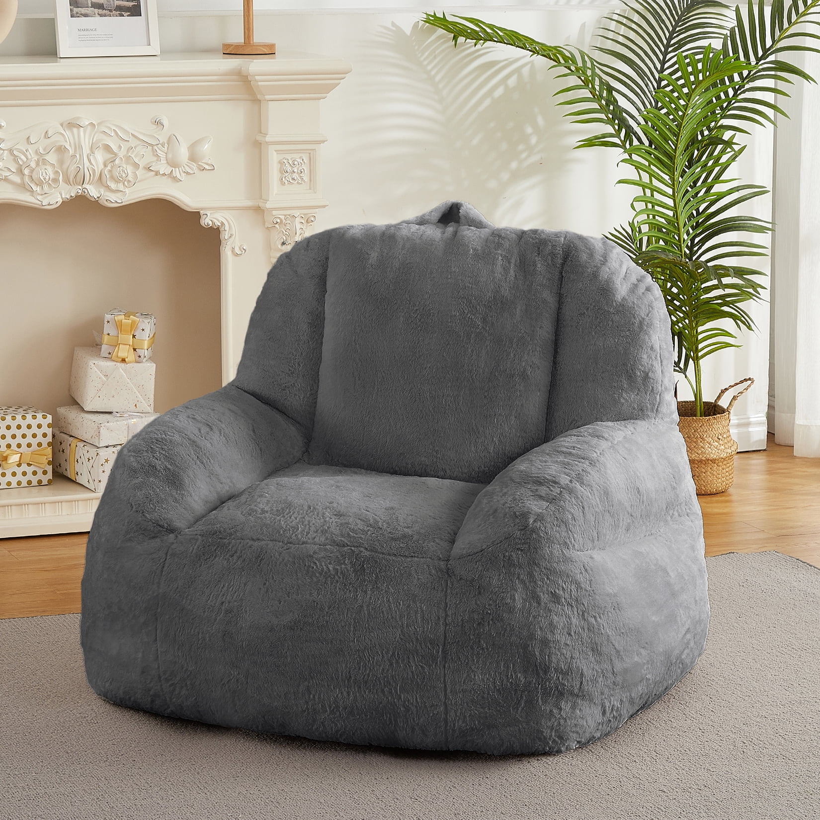 Plush Faux Fur Bean Bag Chair for Adults, Extra Large Filled Floor Sofa with Handle, Cozy Lounge Seat for Home, Drak Gray
