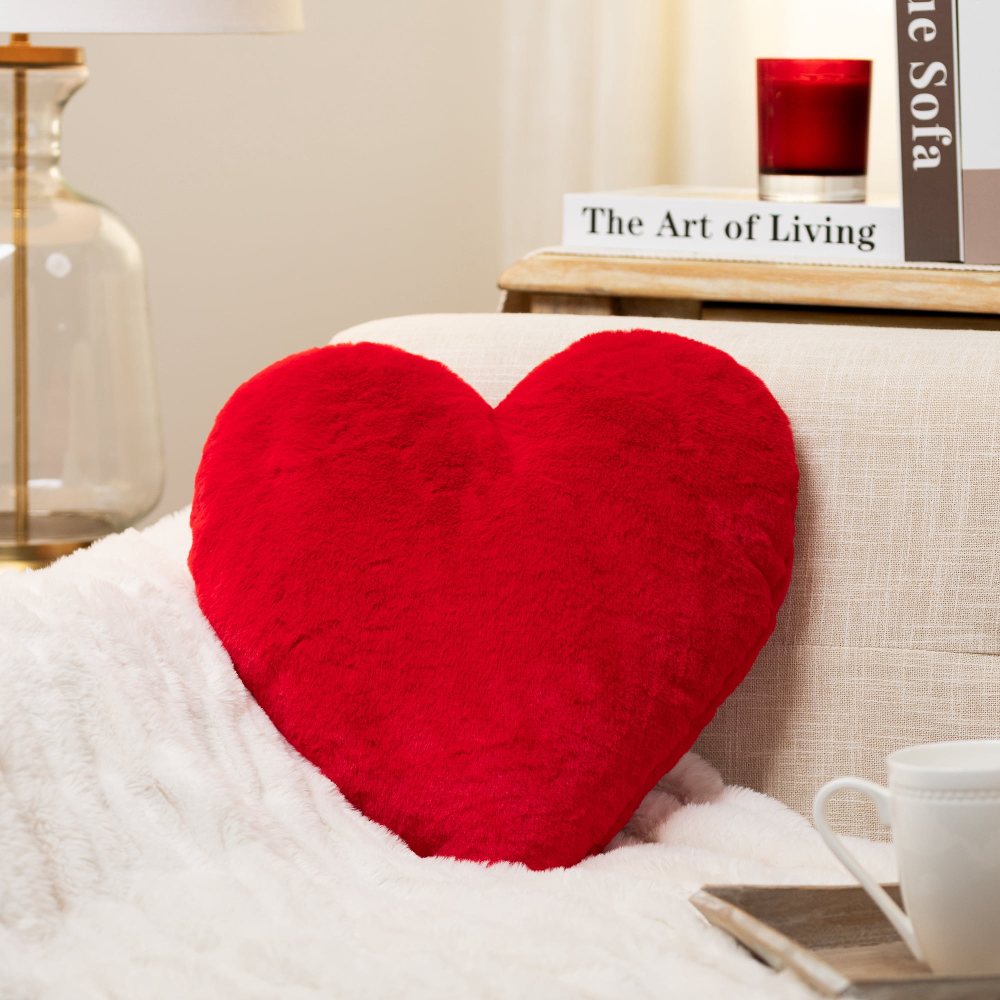 Plush Faux Fur Heart-Shaped Valentine's Day Throw Pillow - 13" - Red