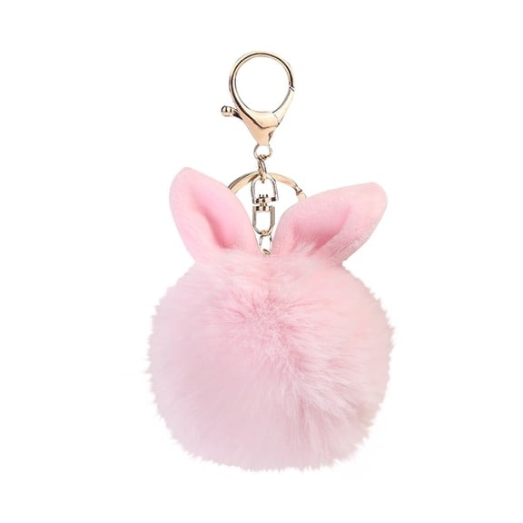 Plush Faux Fur Pom Pom Keychain with Rabbit Ear Design and Metal Clasp for Bags Backpacks and Keys Accessories Gifts