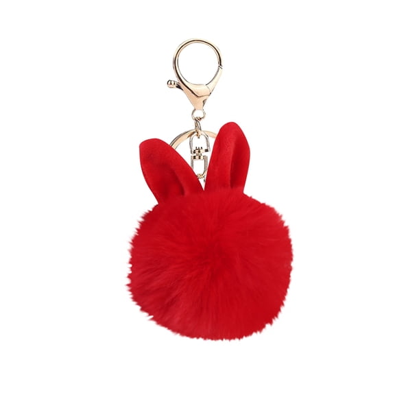 Plush Faux Fur Pom Pom Keychain with Rabbit Ear Design and Metal Clasp for Bags Backpacks and Keys Accessories Gifts