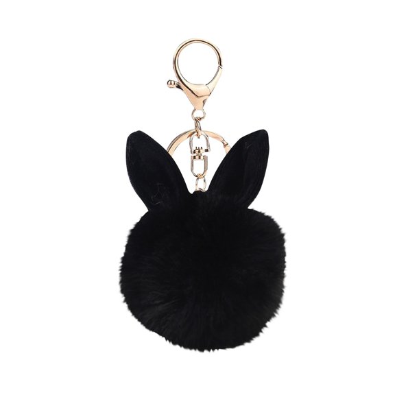 Plush Faux Fur Pom Pom Keychain with Rabbit Ear Design and Metal Clasp for Bags Backpacks and Keys Accessories Gifts