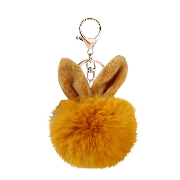 Plush Faux Fur Pom Pom Keychain with Rabbit Ear Design and Metal Clasp for Bags Backpacks and Keys Accessories Gifts