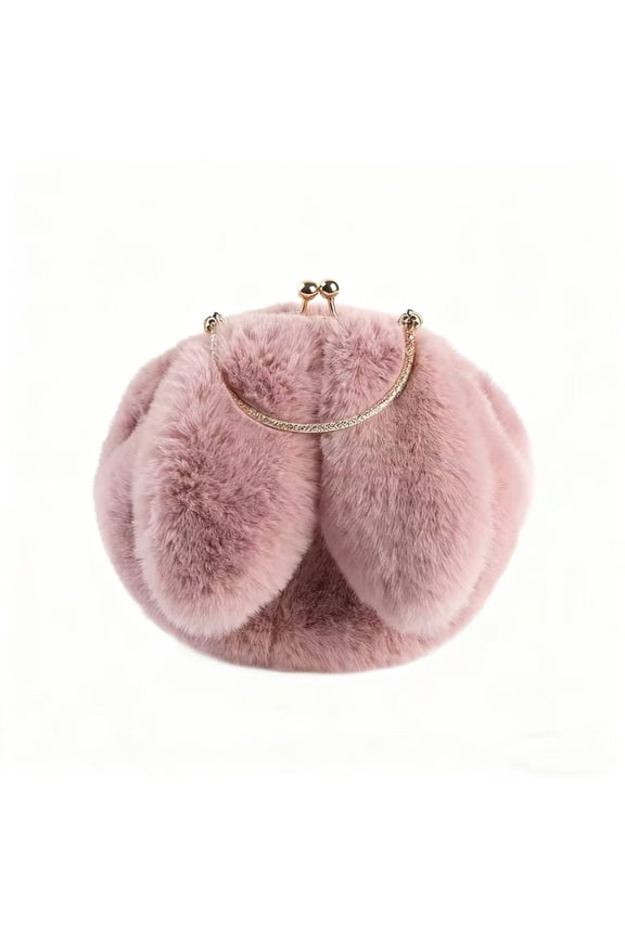 Plush Faux Fur Round Crossbody Bag with Bunny Ears, Gold Chain Strap, Kiss-Lock Closure, 9.1 Inch Diameter, Daily Use Purse