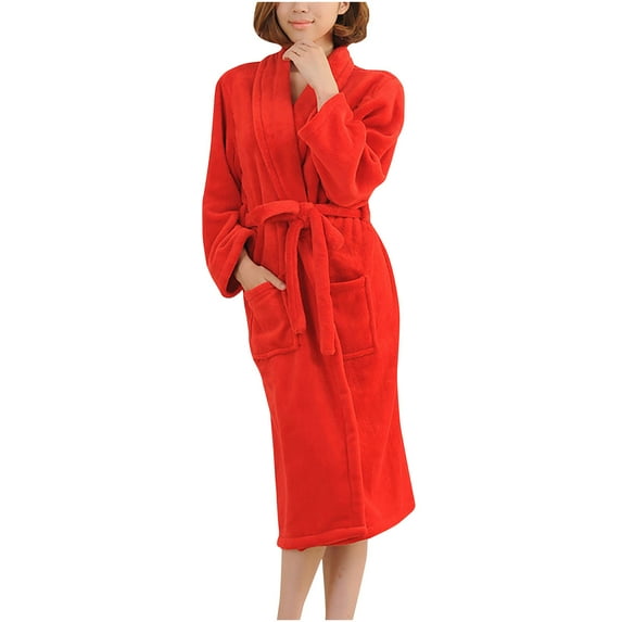 Plush Flannel Bathrobes for Women Men Long Sleeve Shawl Collar Soft Short Sleepwear Unisex Bath Robe with Pockets (Large, Red)