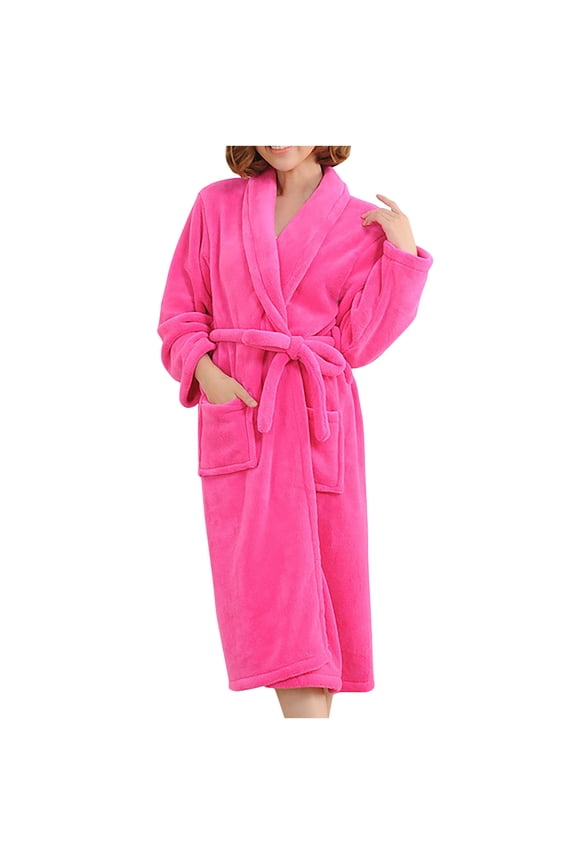 Plush Flannel Bathrobes for Women Men Long Sleeve Shawl Collar Soft Short Sleepwear Unisex Bath Robe with Pockets (Medium, Hot Pink)