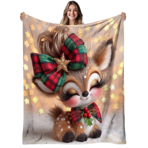 Plush Flannel Blanket - Cute Deer with Red Green Plaid & Golden Bow, Christmas Holly Berries, Heavyweight 280GSM All-Season Cozy Throw for Bed Sofa, Machine Washable