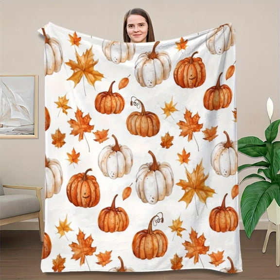 Plush Flannel Blanket Soft Durable All Season Couch Bed Throw White Orange Pumpkin Leaf in Autumn Colors Farmhouse Decor Fall Thanksgiving Halloween Decoration Plush Bedspread for Sofa Bed