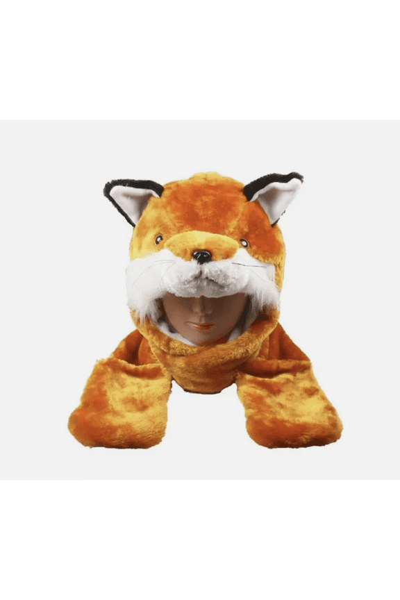 Plush Fleece Animal Hat RED FOX with Long Arms Scarf 3 in 1 Warm Hat for Adults, Teens, Kids
