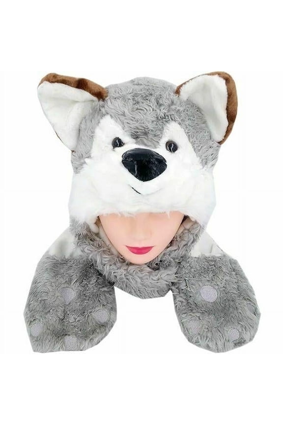 Plush Fleece Animal Hat WOLF Brown Ears with Mittens Long Arms PAWS warm USA - New with box/tags