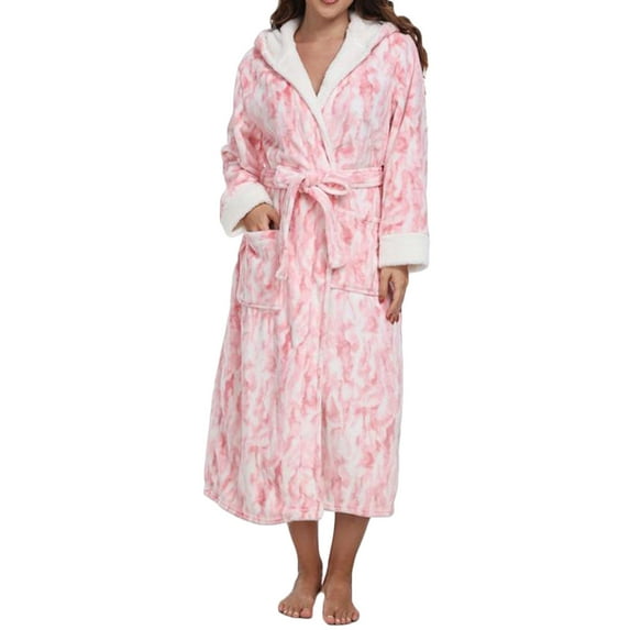 Plush Fleece Bathrobes for Women Warm Cozy Fluffy Sleepwear Nightgown Two Side Pockets Belt Long Sleeve Robe 2025 Fall Loungewear